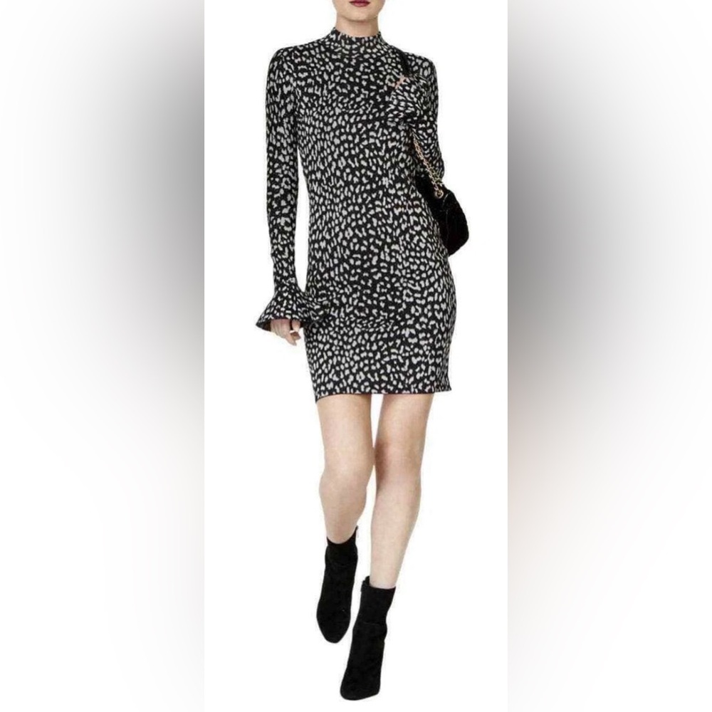 Michael Kors Metallic Cheetah Print Bell Sleeve Bodycon Dress ~ Size M